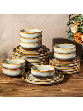 Brown Blue Terra Ceramic Dinnerware Set For 8, 24-Piece Plates And Bowls Sets